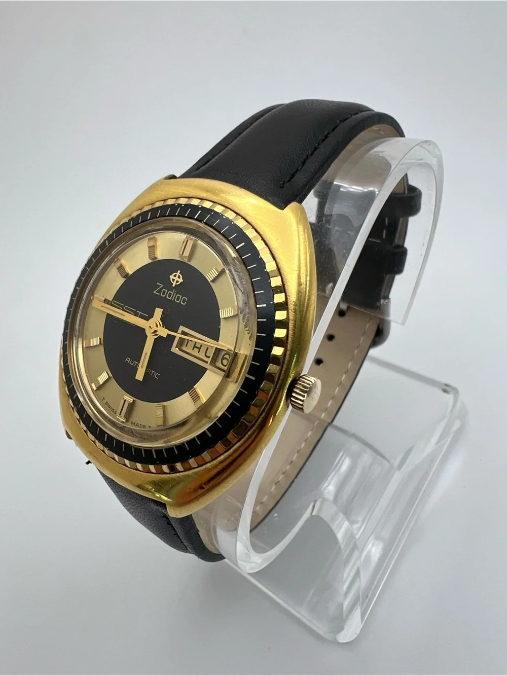 Zodiac Gold Tone Watch with Black Dial